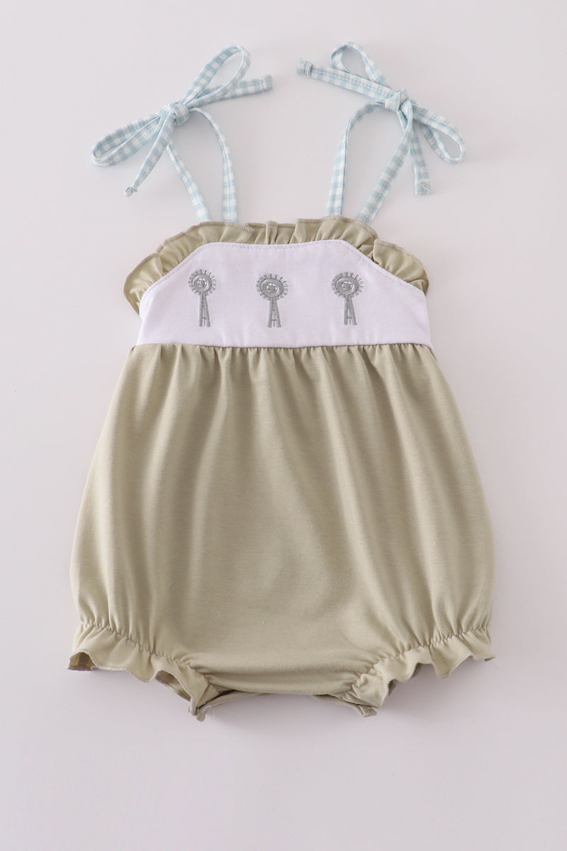 Green ruffle bubble with farm windmill embroidery, perfect for playful adventures.