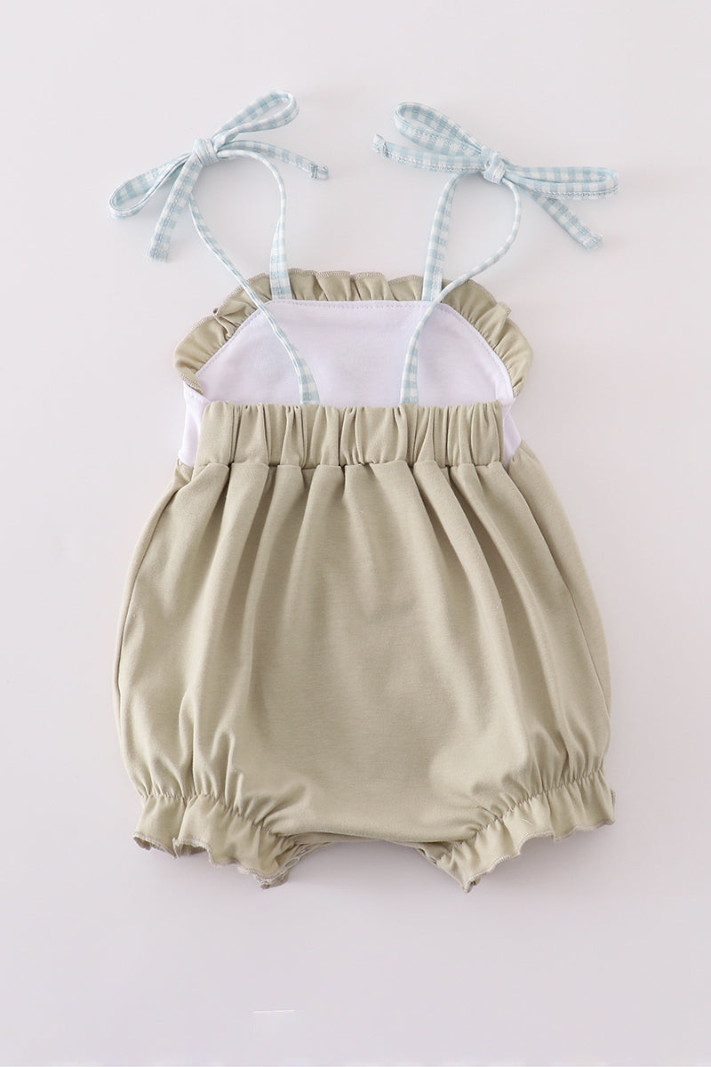 Green ruffle bubble with farm windmill embroidery, perfect for playful adventures.