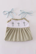 Green ruffle bubble with farm windmill embroidery, perfect for playful adventures.
