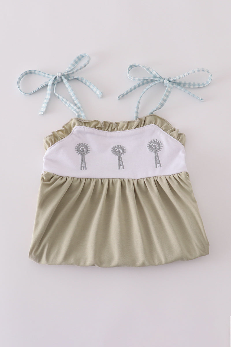 Green ruffle bubble with farm windmill embroidery, perfect for playful adventures.