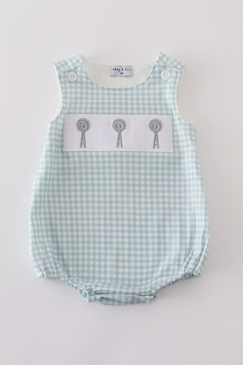 Green gingham bubble romper with farm windmill embroidery, perfect for playful days.