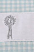 Green gingham bubble romper with farm windmill embroidery, perfect for playful days.