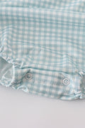 Green gingham bubble romper with farm windmill embroidery, perfect for playful days.