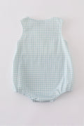 Green gingham bubble romper with farm windmill embroidery, perfect for playful days.