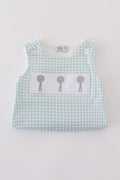 Green gingham bubble romper with farm windmill embroidery, perfect for playful days.