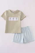 Green farm windmill embroidery shorts set with playful farm-themed design.