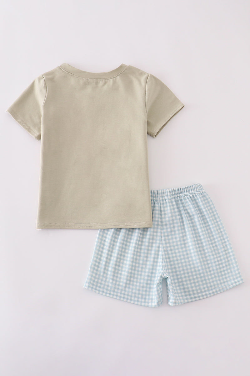 Green farm windmill embroidery shorts set with playful farm-themed design.