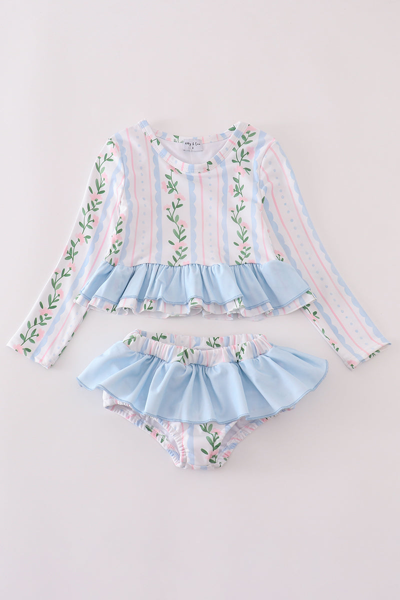 Blue floral print ruffle 2pc rashguard swimsuit