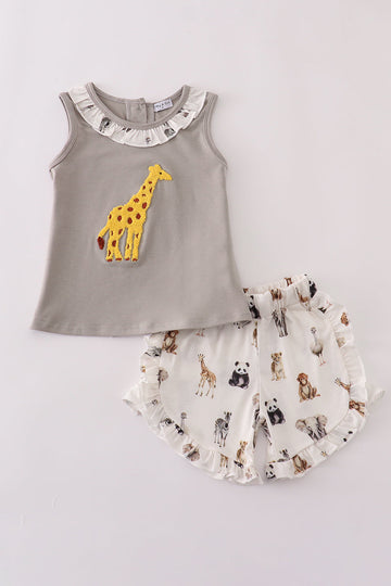 Grey zoo animal print ruffle shorts set