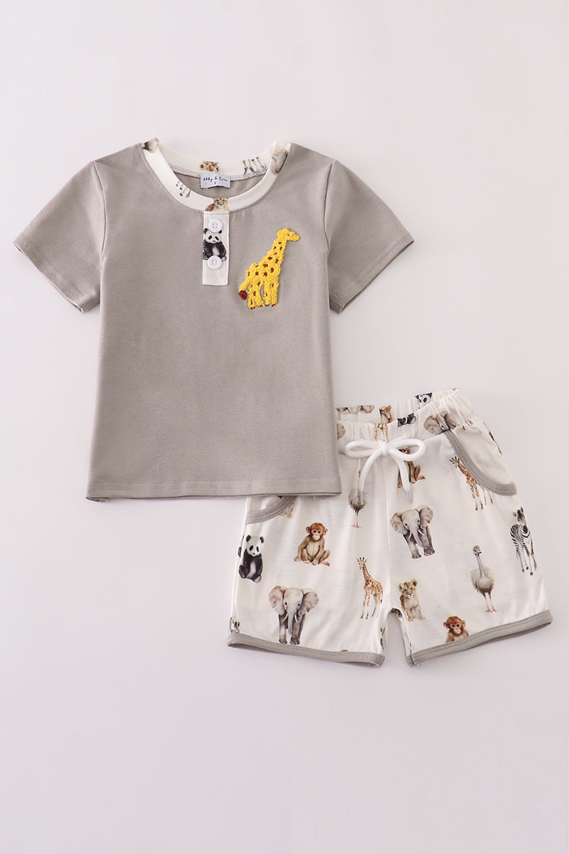 Grey zoo animal print shorts set