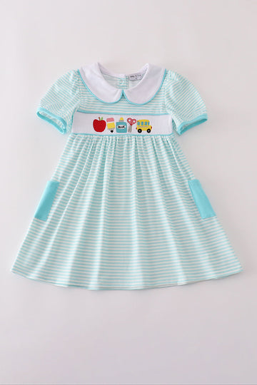 Blue apple pencil bus embroidery smocked stripe dress