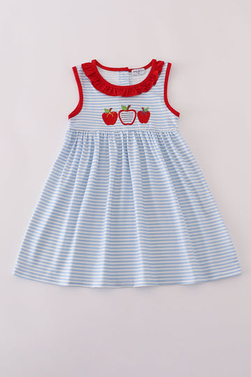 Red stripe apple embroidery ruffle dress
