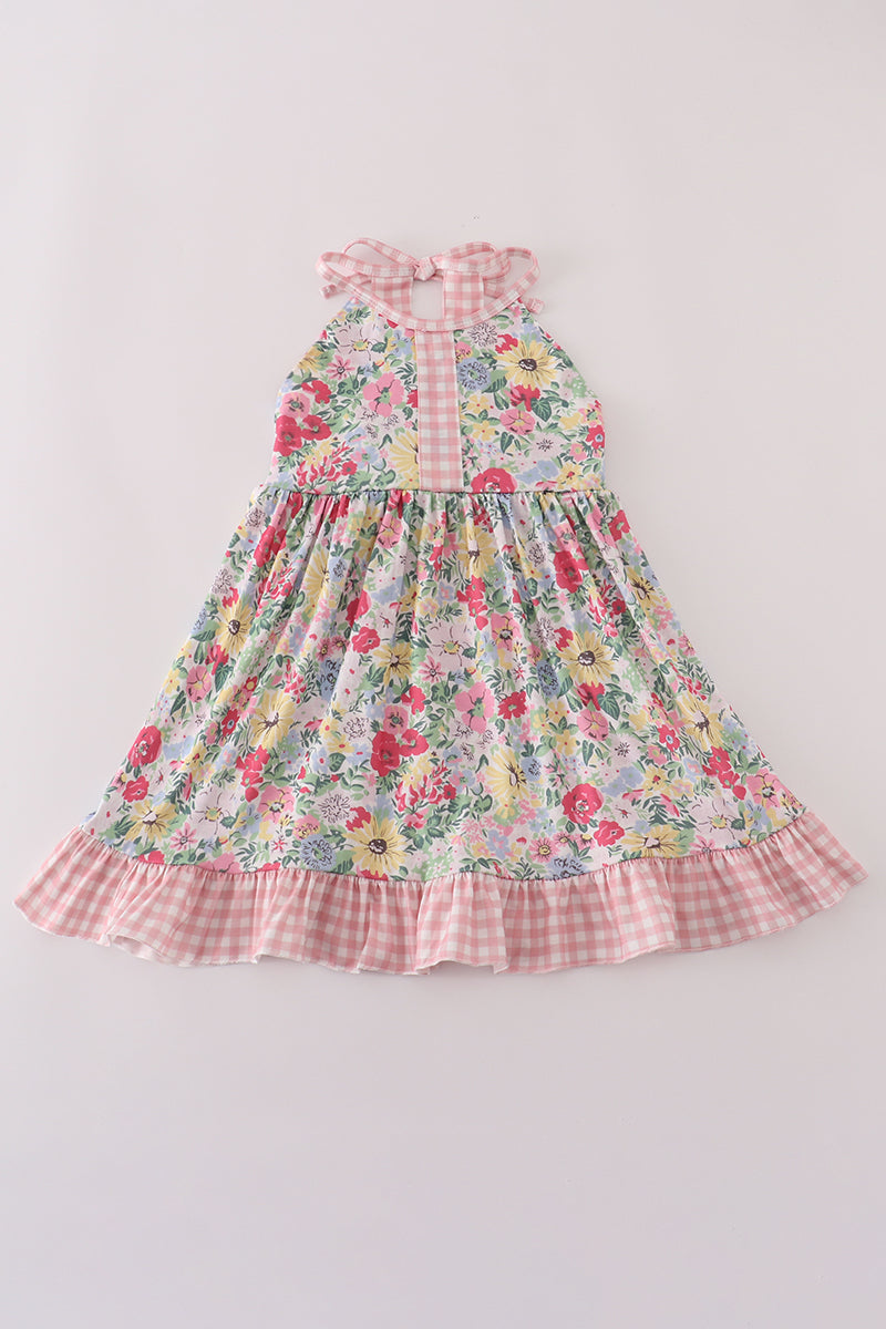 Pink floral bow ruffle dress