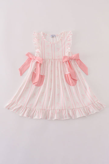 Pink stripe bow print ruffle dress