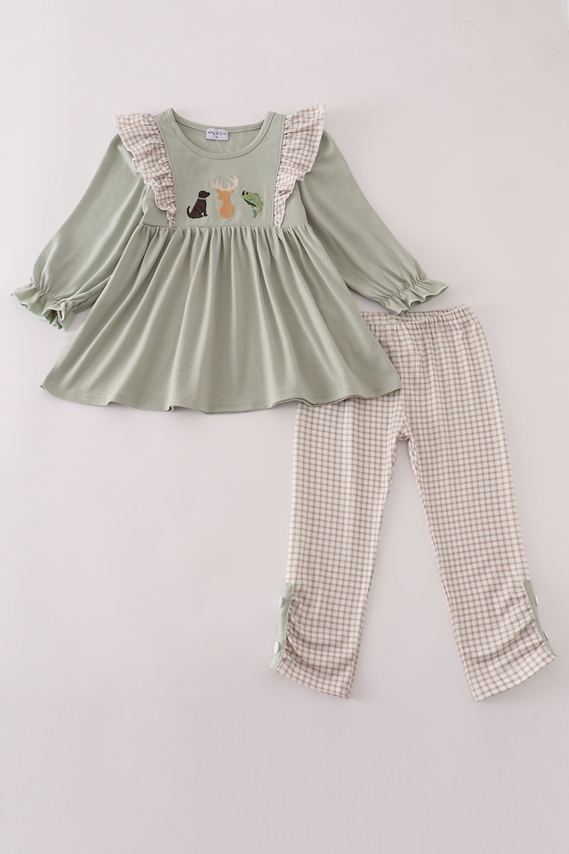 Blue dog deer embroidery ruffle pants set
