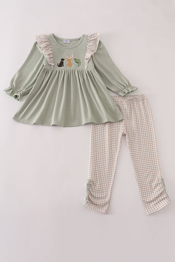 Blue dog deer embroidery ruffle pants set