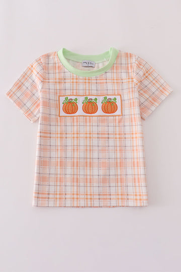 Orange pumpkin embroidery plaid top