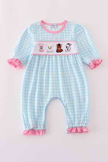 Blue farm embroidery gingham ruffle romper