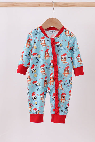 Blue christmas character print ruffle romper