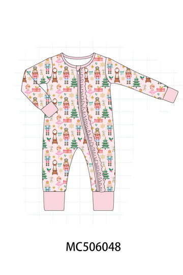 Nutcracker print bamboo ruffle zipper romper