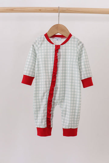 Sage ruffle gingham romper