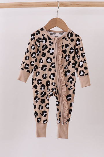 Brown leopard bamboo ruffle zipper romper