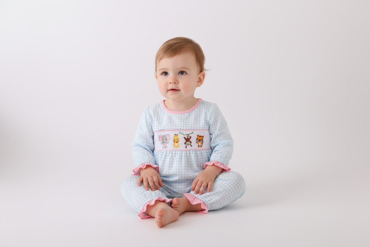 Blue animal smocked ruffle romper