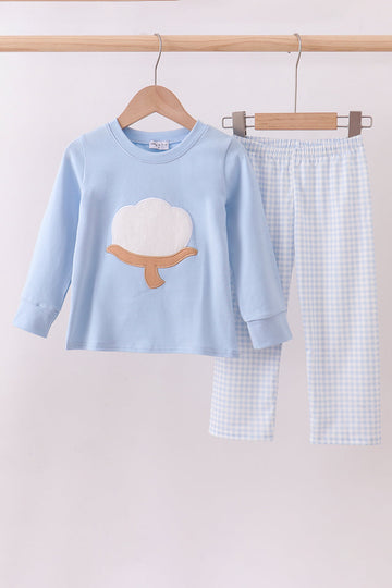Blue cotton applique gingham pants set