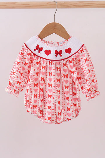 Red heart bow smocked bubble