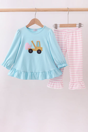 Blue truck heart applique ruffle pants set