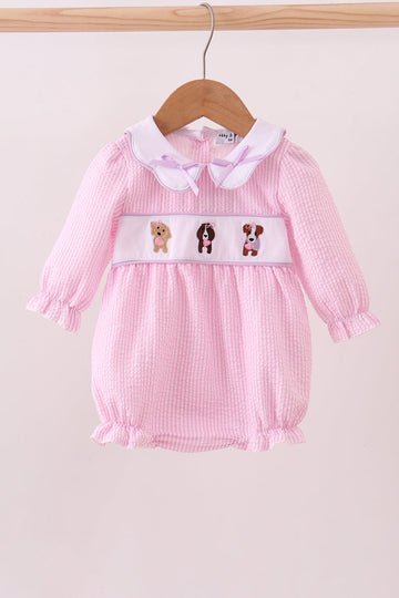 Pink puppy embroidery seersucker bubble