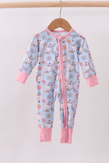 Blue chicken floral print pajama romper