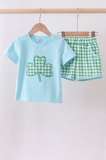 Blue clover applique shorts set