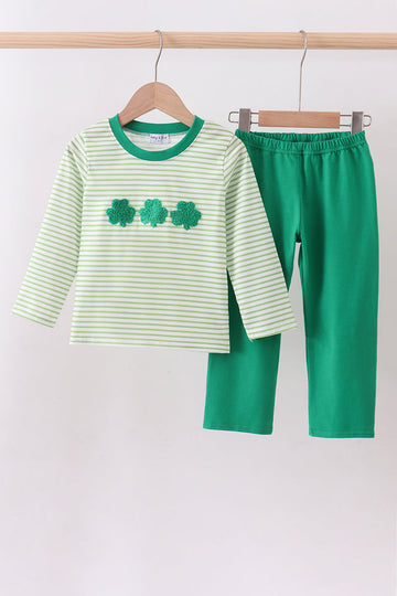 Green clover french knot stripe pants set