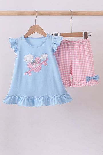 Blue character plane applique ruffle shorts est