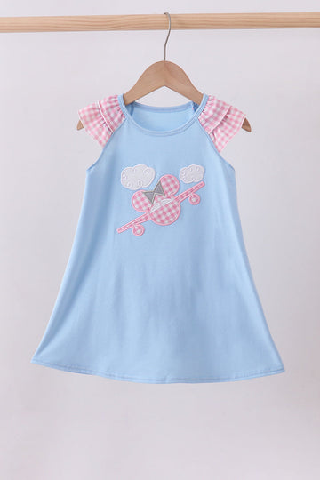 Blue character plane applique ruffle dress