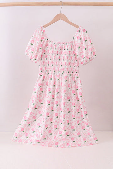 Pink bow hydrangea smocked women dress