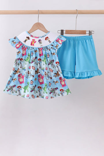 Blue character smocked ruffle shorts set