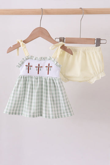 Green cross embroidery gingham bloomer set