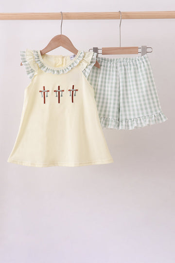 Green cross embroidery gingham ruffle shorts set