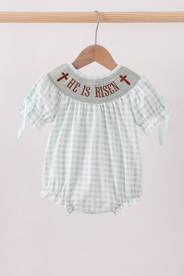Sage he is risen smocked gingham bubble