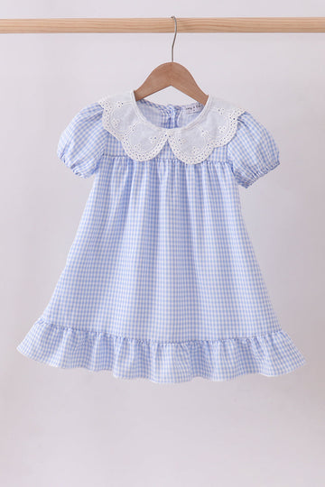 Blue Gingham Lace Ruffle Dress