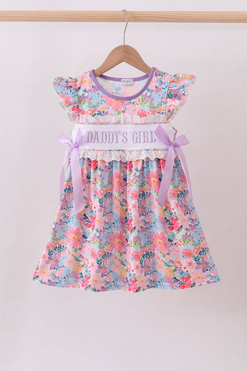 Purple floral daddy's girl smocked ruffle dress