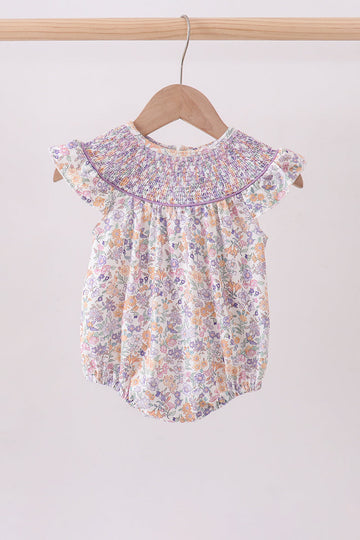 Purple Floral Smocked Ruffle Bubble