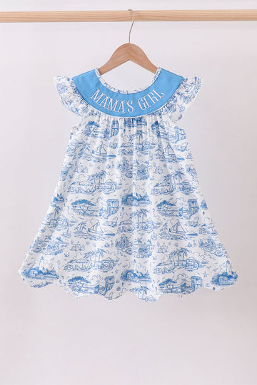 Blue mama's girl embroidery ruffle dress