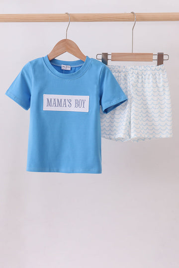 Blue mama's boy embroidery shorts set