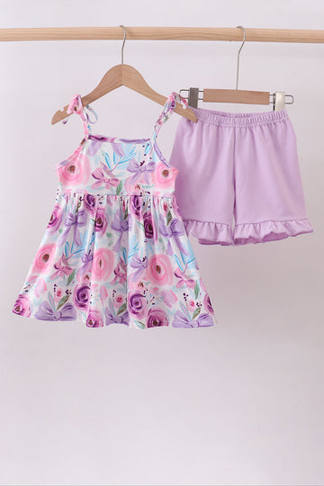Purple floral print bow ruffle shorts set