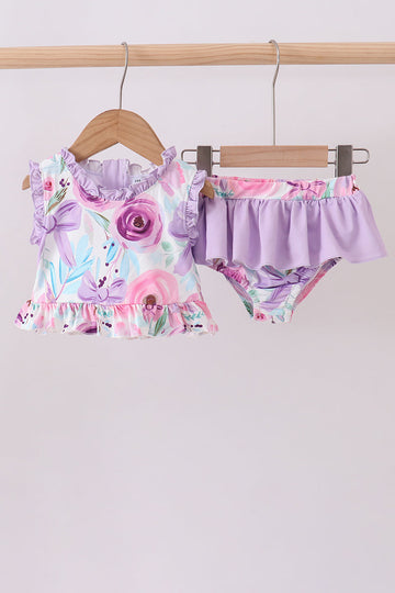 Purple floral print ruffle 2pc swimsuit