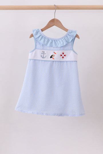 Blue nautical trio embroidery ruffle dress
