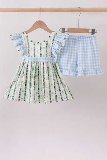 Green floral ruffle gingham shorts set